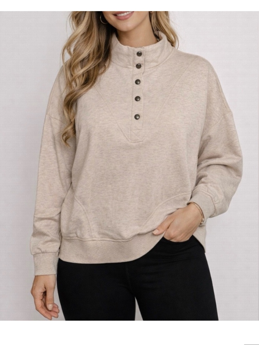 Beige Button-Neck Pullover Sweatshirt- size large